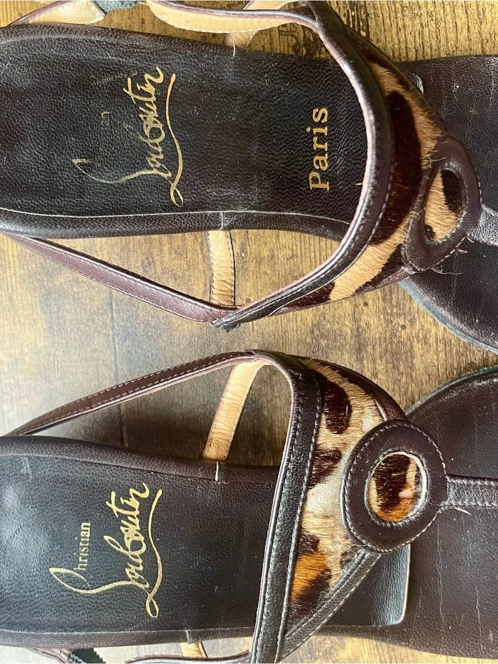 Vintage Christian Louboutin Brown Leather Thong Sandals with Leopard Accent